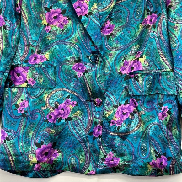 Vintage Womens Blazer Jacket Size M Single Breasted Floral Satin 80's 90's - Picture 4 of 16